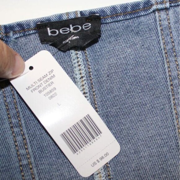 NWT bebe Multi Seam Zip Front Denim Bustier Top Size Large MSRP $98 New - Picture 4 of 11